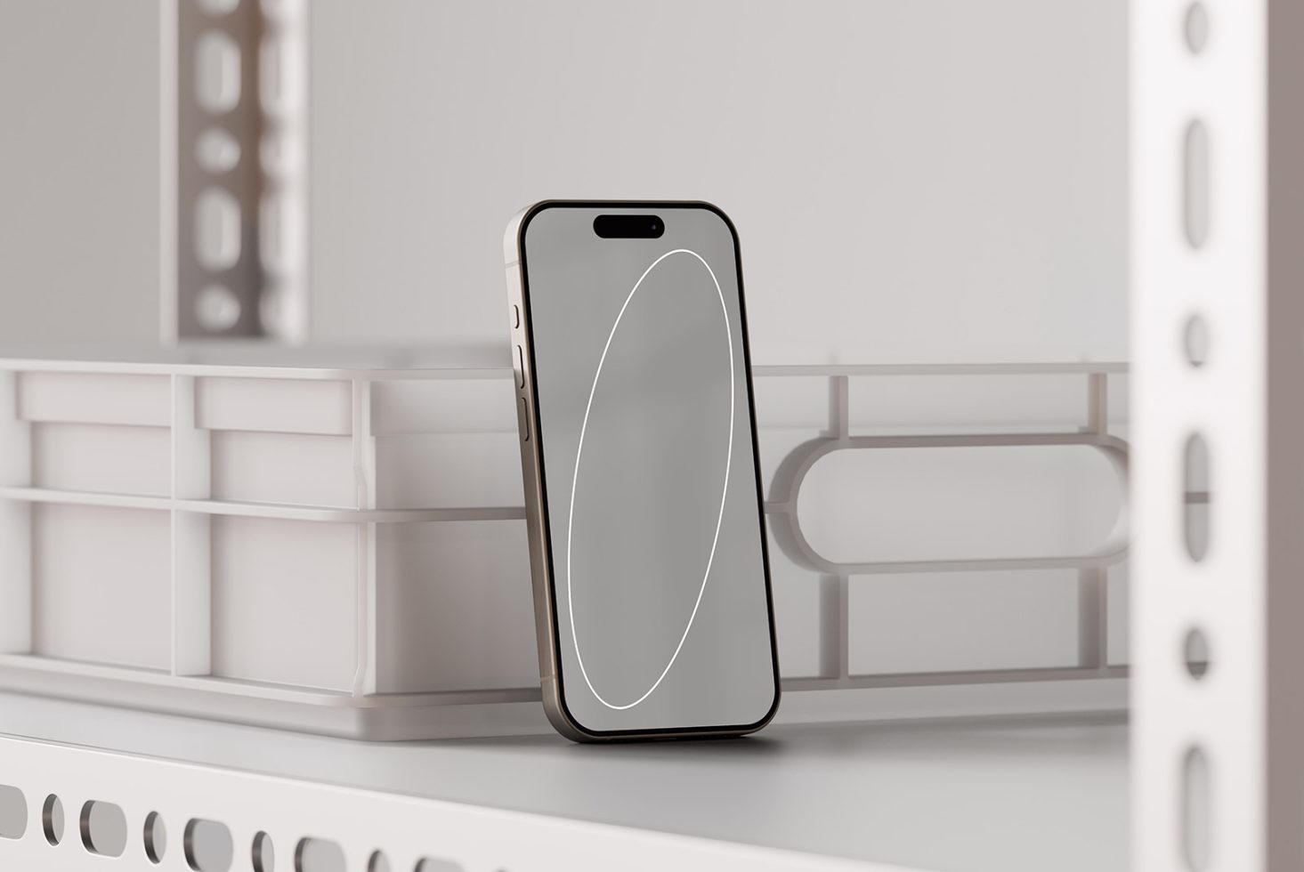 Smartphone mockup resting vertically on industrial shelf ideal for designers showcasing app interfaces UI design templates and digital product presentations