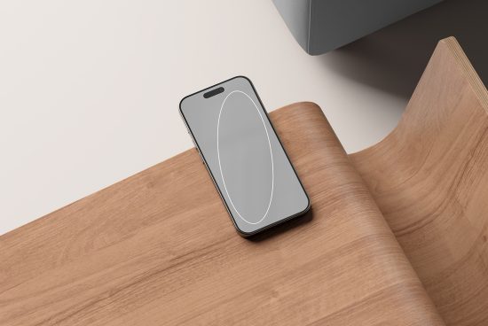 Phone mockup on a wooden surface, ideal for mobile app designers, showcasing modern sleek phone design, realistic textures, high-quality graphics for templates.