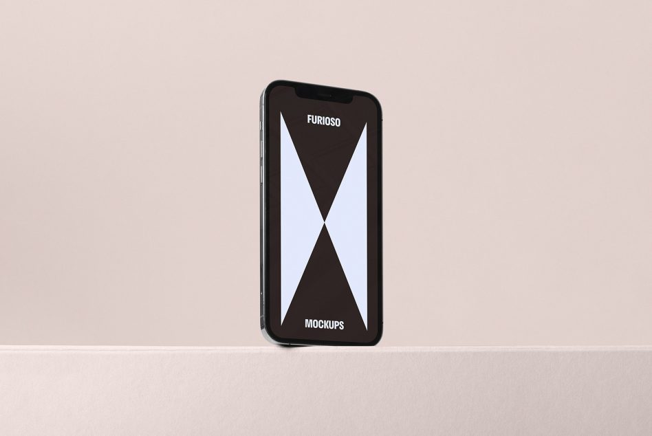 Minimalist phone mockup displaying a blank screen with "Furioso" and "Mockups" text, ideal for digital designers showcasing app or website designs.