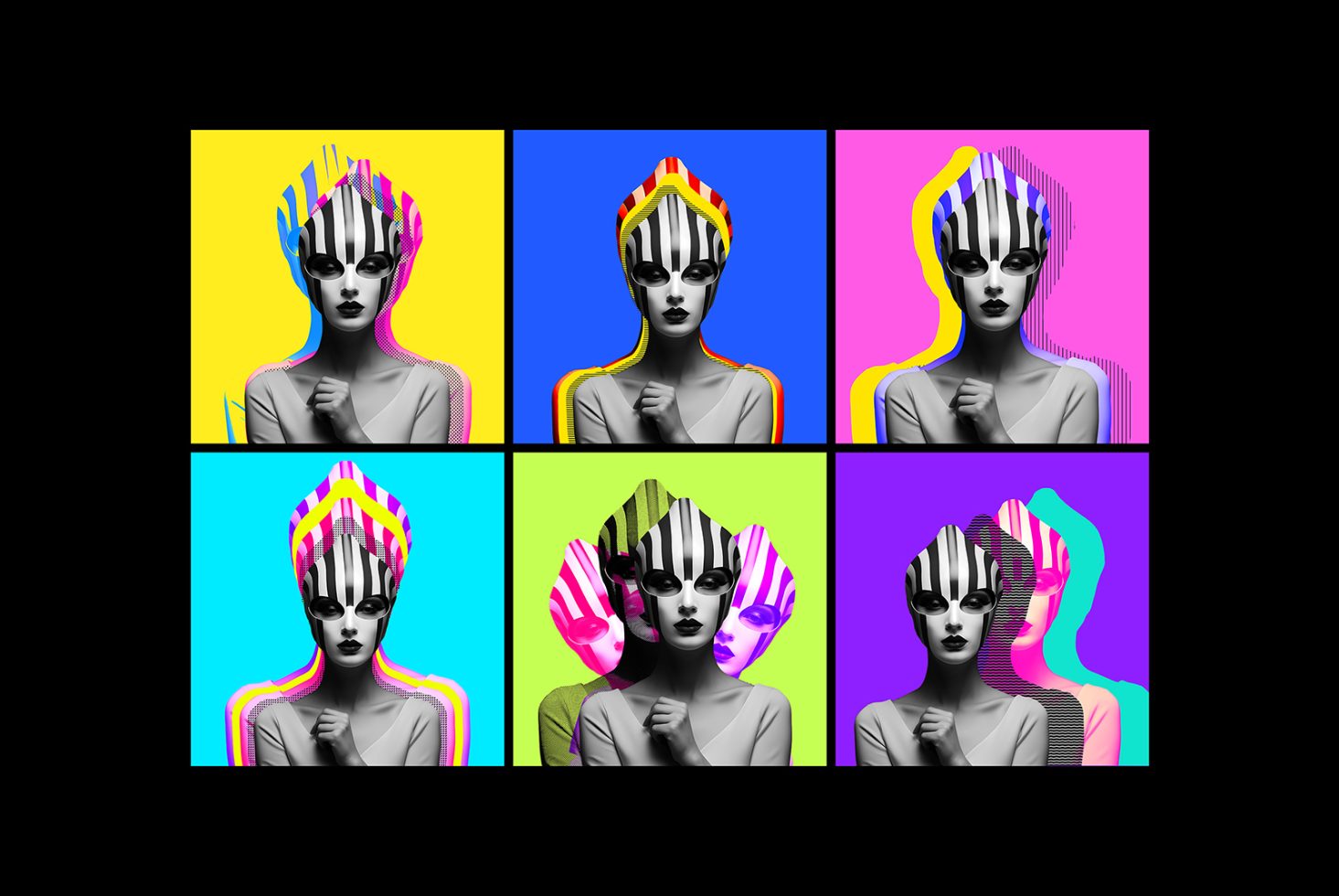 Pop art style graphic template with six variations of a futuristic woman's face. Bright background colors and abstract shapes. Great for designers.