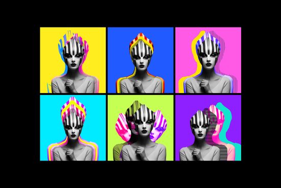 Pop art style graphic template with six variations of a futuristic woman's face. Bright background colors and abstract shapes. Great for designers.