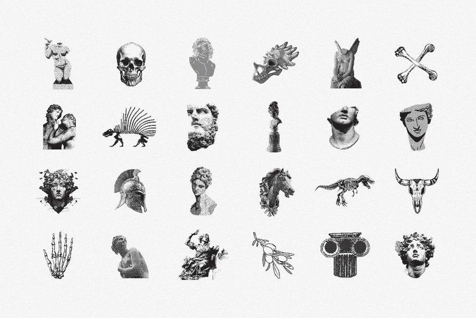 Collage of 25 unique grayscale graphic illustrations featuring ancient sculptures, skeletons, helmets, and animal skulls. Perfect for designers creating templates.