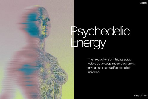 Glitch effect mockup featuring a 3D-rendered human figure in psychedelic colors with the text Psychedelic Energy. Ideal for designers seeking vibrant visuals.