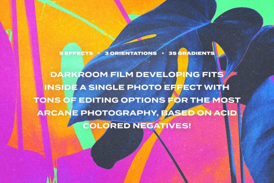 Colorful retro photo effect with 5 effects 3 orientations 35 gradients offering darkroom film developing fits with editing options based on acid-colored negatives