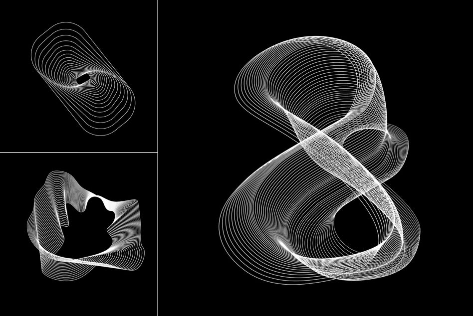 Line art abstract shapes with flowing curves on black background