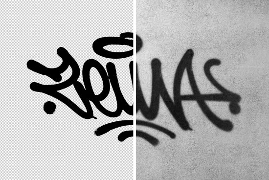 Graffiti text mockup showing a split view with transparent background on the left and a textured wall on the right ideal for street art projects.