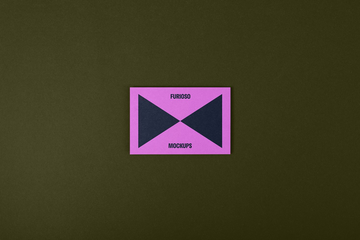 Business card mockup on olive green background, featuring a minimalist design with pink edges and dark center. Ideal for graphic designers and template creators.