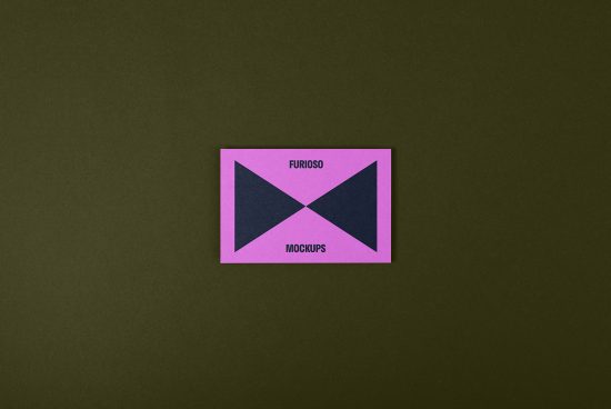 Business card mockup on olive green background, featuring a minimalist design with pink edges and dark center. Ideal for graphic designers and template creators.