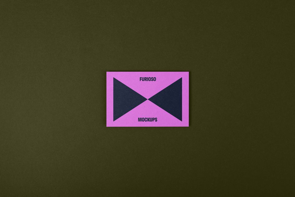 Business card mockup on olive green background, featuring a minimalist design with pink edges and dark center. Ideal for graphic designers and template creators.