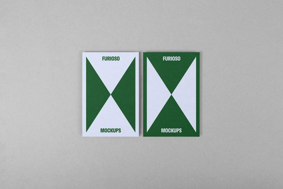 Two green and white flyer mockups titled Furioso on a light gray background perfect for designers. Use these templates for showcasing your graphic design projects.