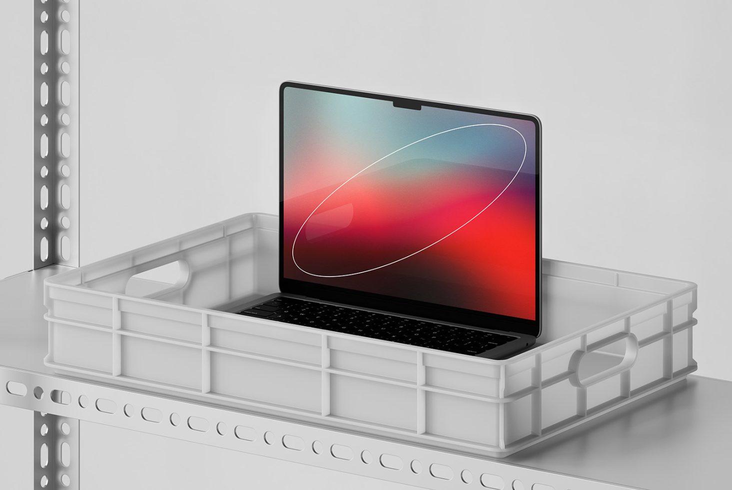 Laptop placed inside a plastic tray on a metal shelf high resolution mockup ideal for showcasing UI designs or apps professional display customizable template