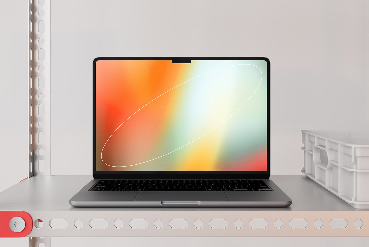 Minimal laptop mockup on metal shelf with colorful abstract screen. Perfect for design presentations, digital assets, templates, website prototypes.