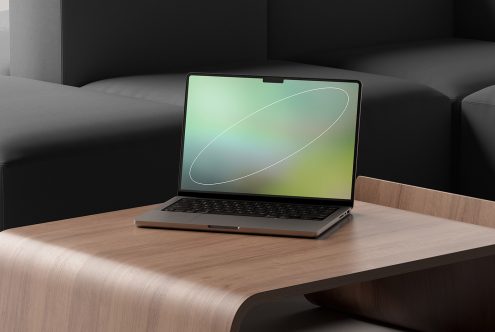 Modern laptop mockup on wooden table in minimalist interior ideal for designers and digital product presentations keywords laptop mockup minimalist interior design