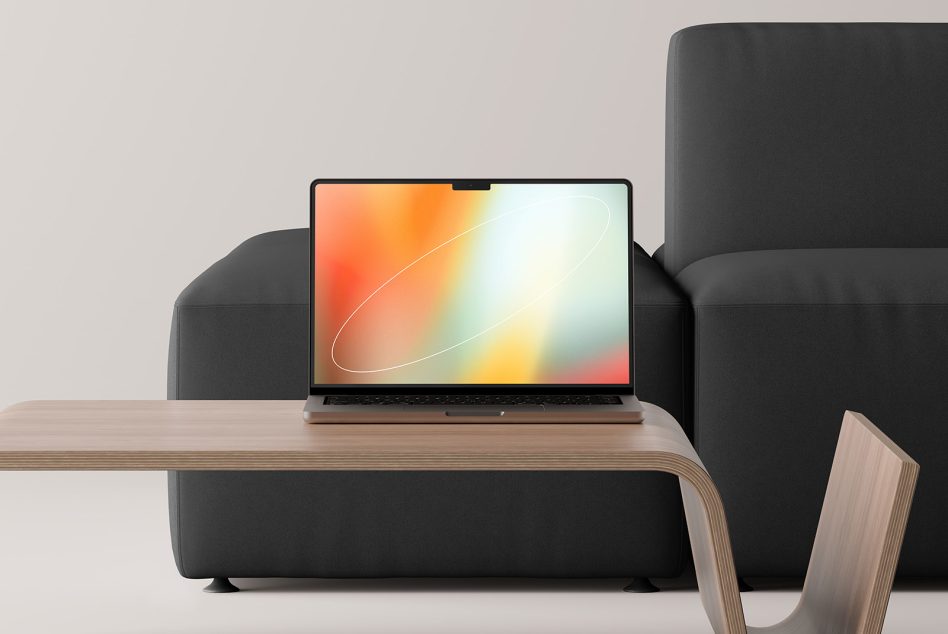 Laptop mockup on wooden table with modern design background for designers and templates. Ideal for showcasing digital assets, graphics, and mockups.