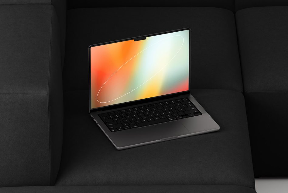 Stylish laptop on black sofa with abstract gradient screen mockup graphic template for designers showcasing digital assets professional mockups realistic presentation