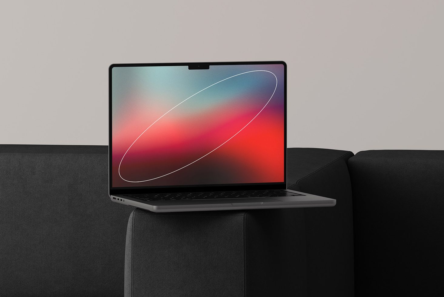 Laptop mockup on a dark gray sofa with a vibrant gradient wallpaper and white elliptical design. Perfect for showcasing websites and apps for designers.