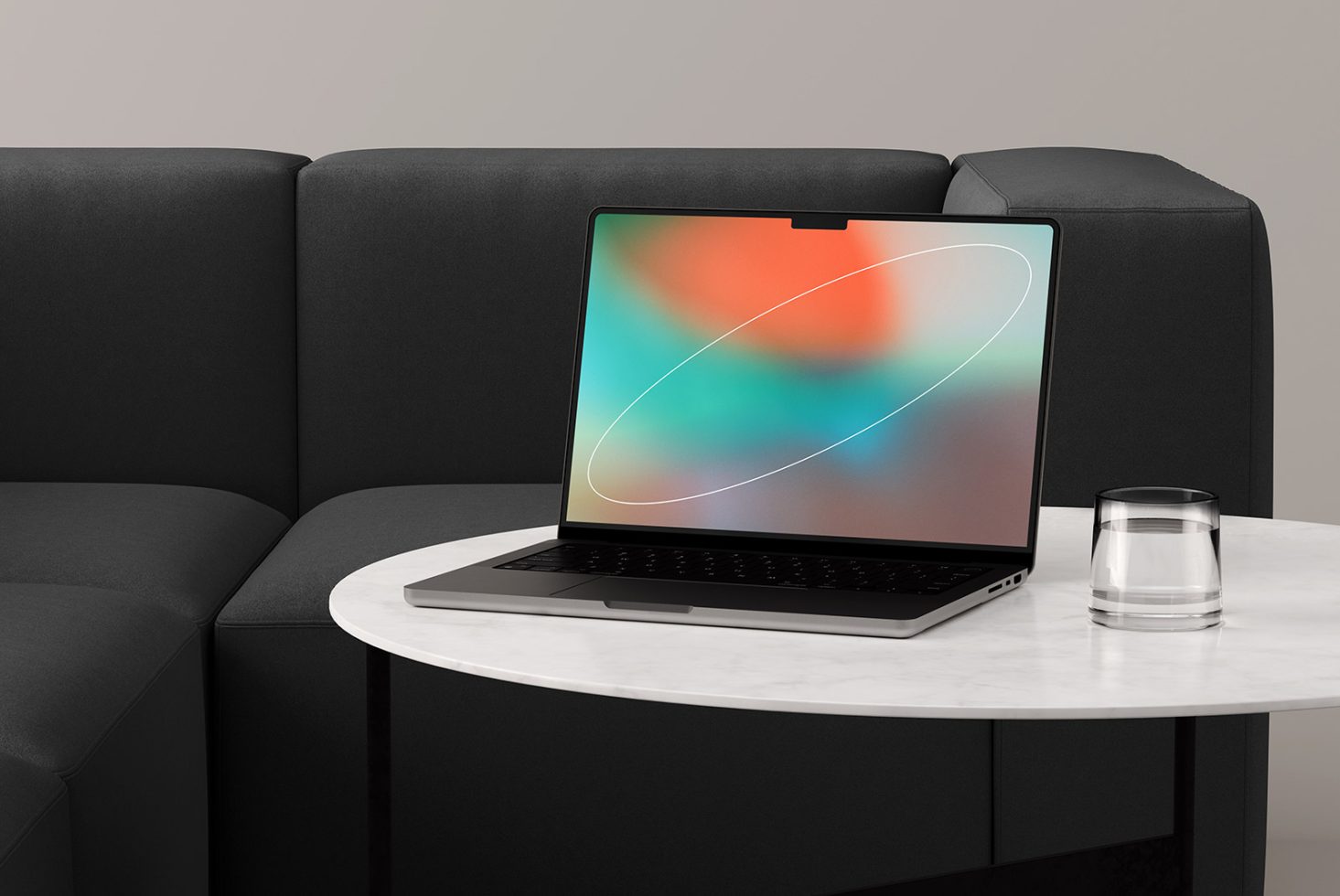 Laptop mockup on a marble table with grey sofa background minimalistic design for presenting UI UX digital assets to designers marketplace mockup templates