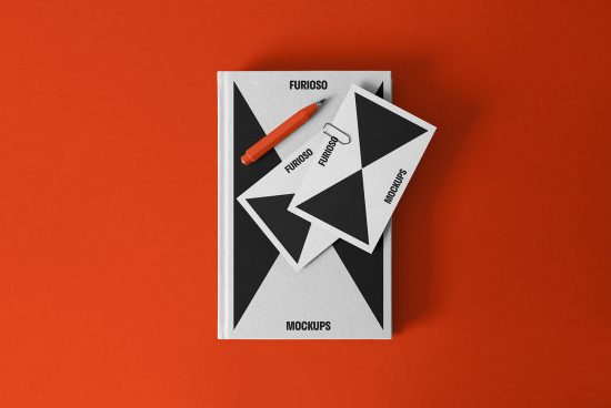 Book and cards mockup against an orange background mockups stationery design templates digital assets for designers branding presentation minimalist layout