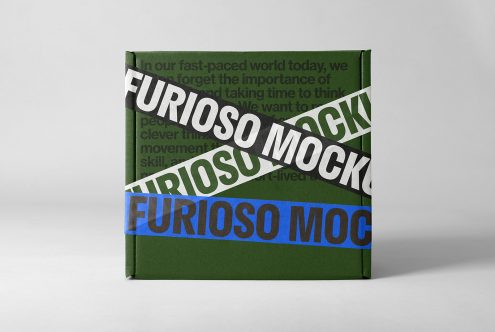 Green cardboard box mockup with bold text wrapping design in black and white bands, suitable for showcasing packaging designs for designers and graphic artists