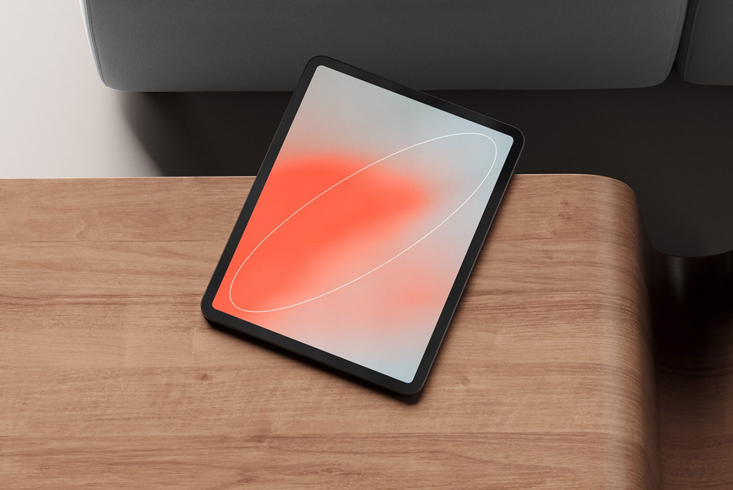 Mockup of a black tablet on wooden surface showing abstract digital artwork ideal for designers, digital assets, mockups, templates, graphics, design inspiration