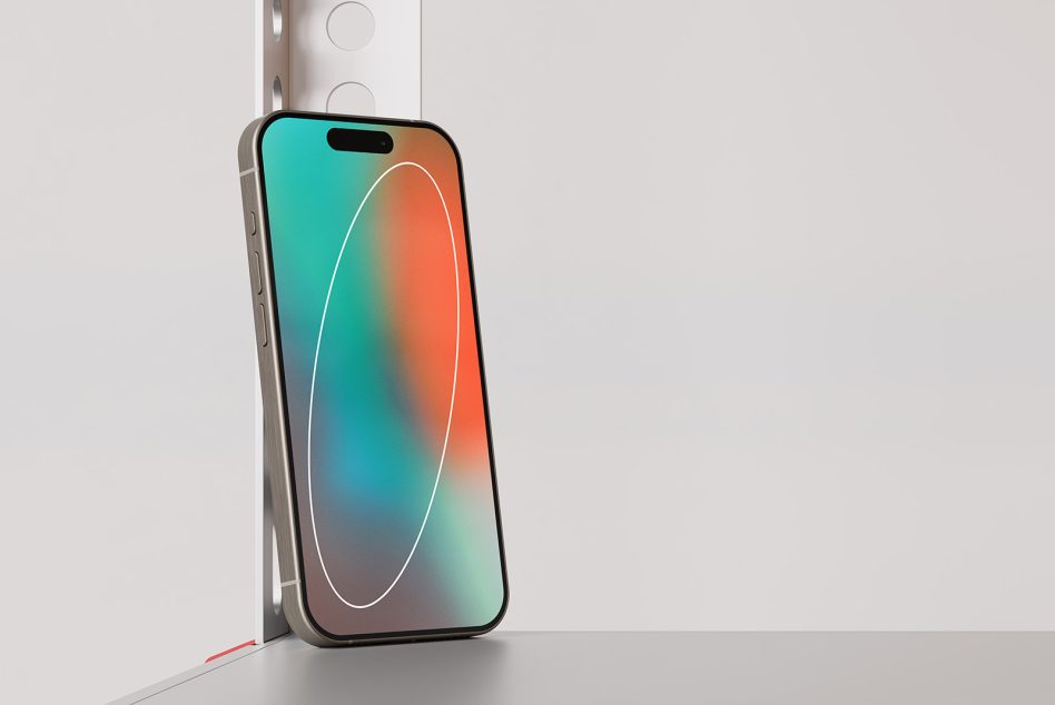 Phone in corner with turquoise to orange gradient plus white curved line on screen