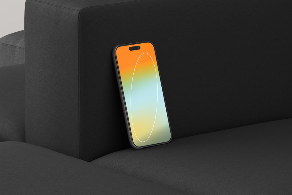 Phone mockup on black sofa arm for UX UI design showcase product presentation digital assets Marketplace designers minimal modern realistic template graphics