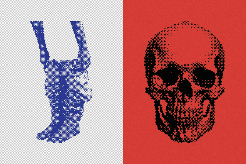 Halftone art with blue hands lifting pants over transparent background and black skull on red background, perfect for designers looking for unique graphic elements.