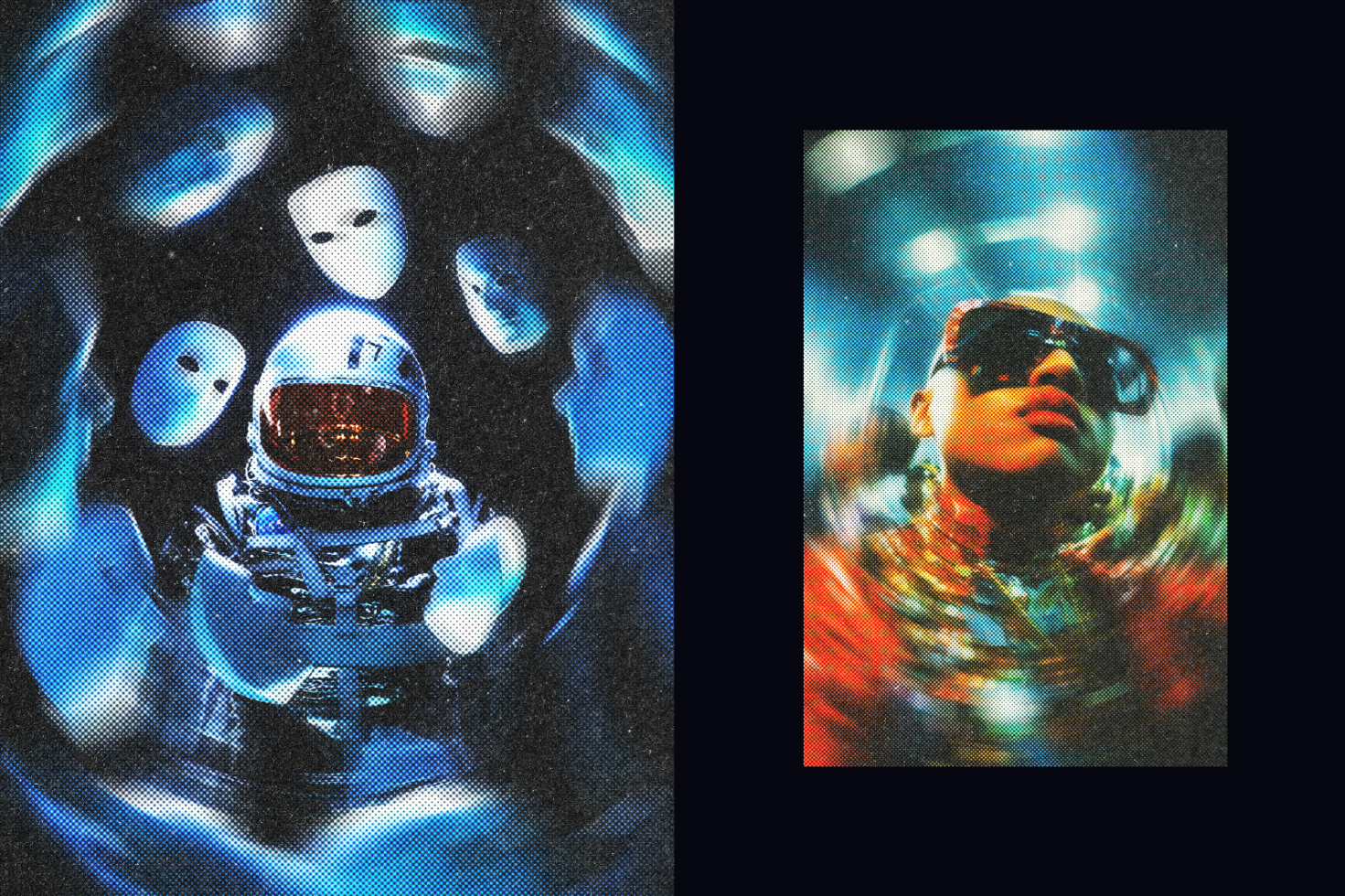 Halftone digital graphic with astronaut and mysterious masks on left tropical-style figure wearing sunglasses on right perfect for designer templates or graphics