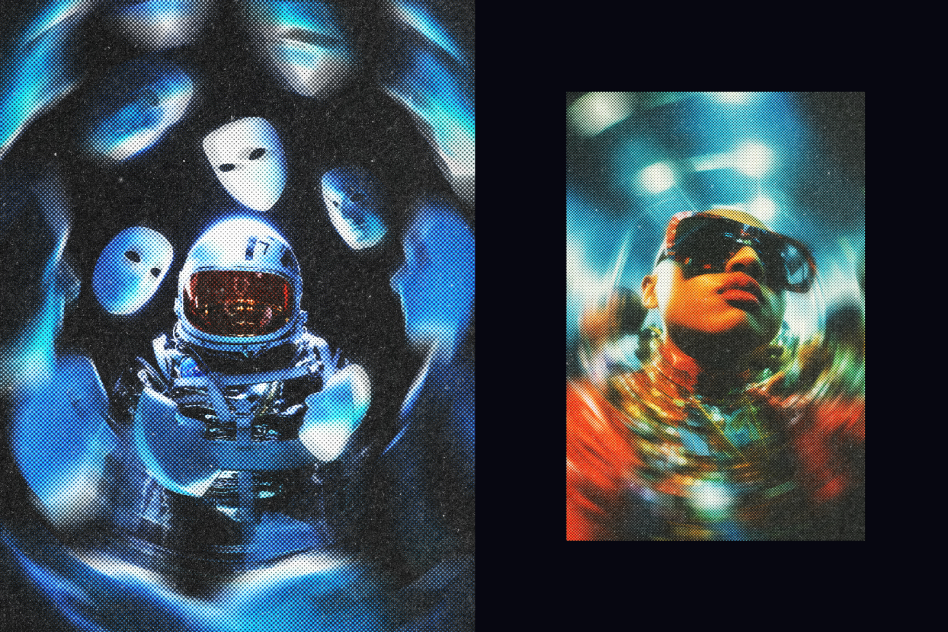 Halftone digital graphic with astronaut and mysterious masks on left tropical-style figure wearing sunglasses on right perfect for designer templates or graphics
