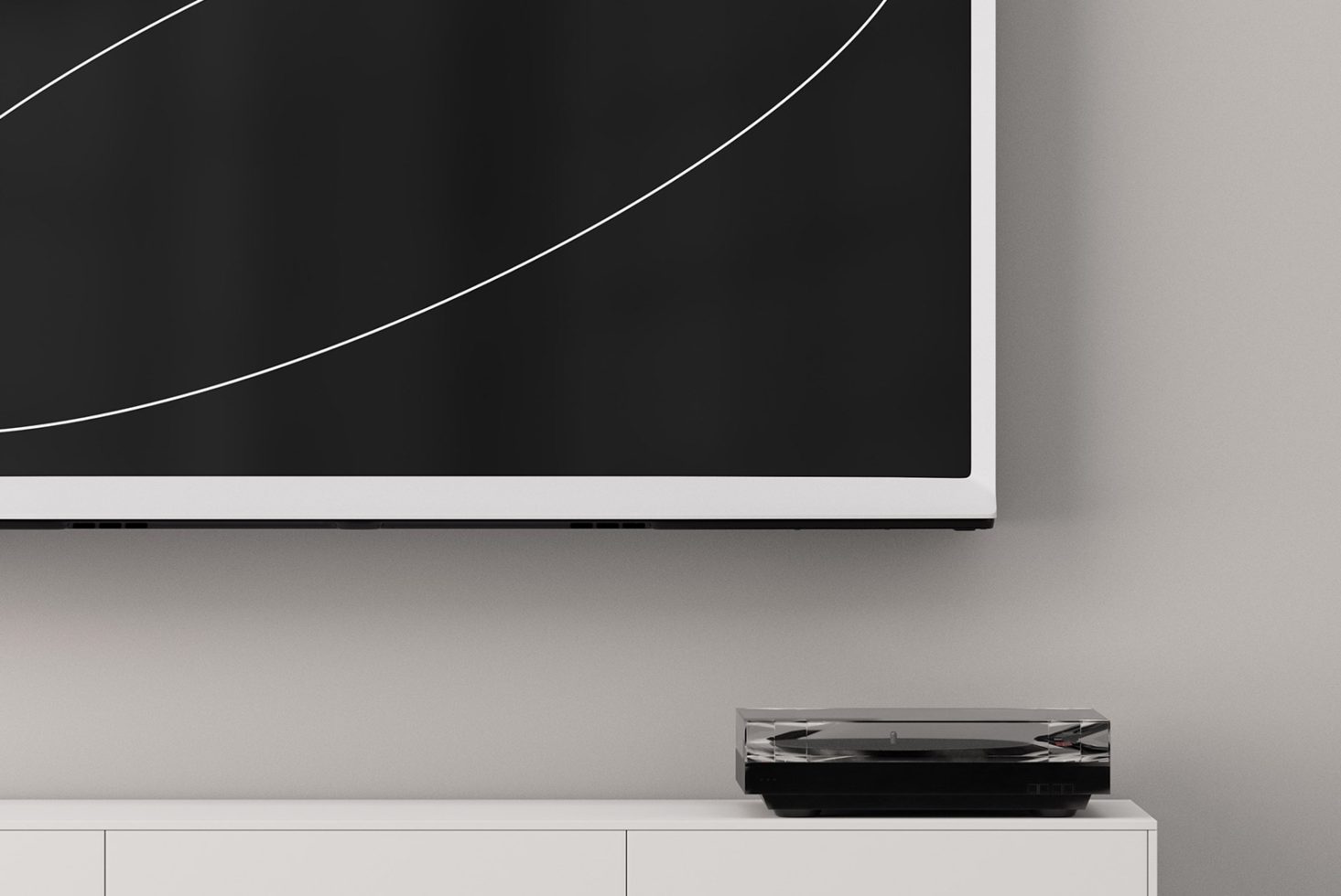 Minimalist living room scene for design mockups showing a modern black and white TV screen with abstract art above a sleek turntable on a white cabinet.