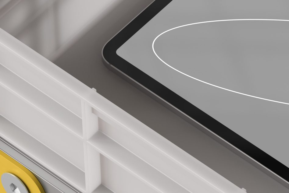 Close-up of phone edge showing black border frame with white curved line design on gray