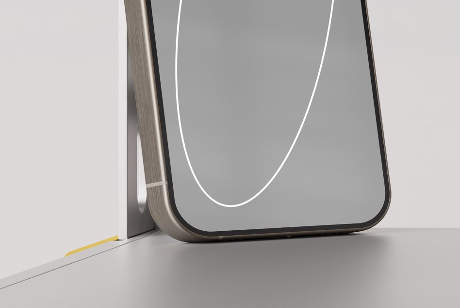 Phone leaning against corner wall showing curved white line on gray display