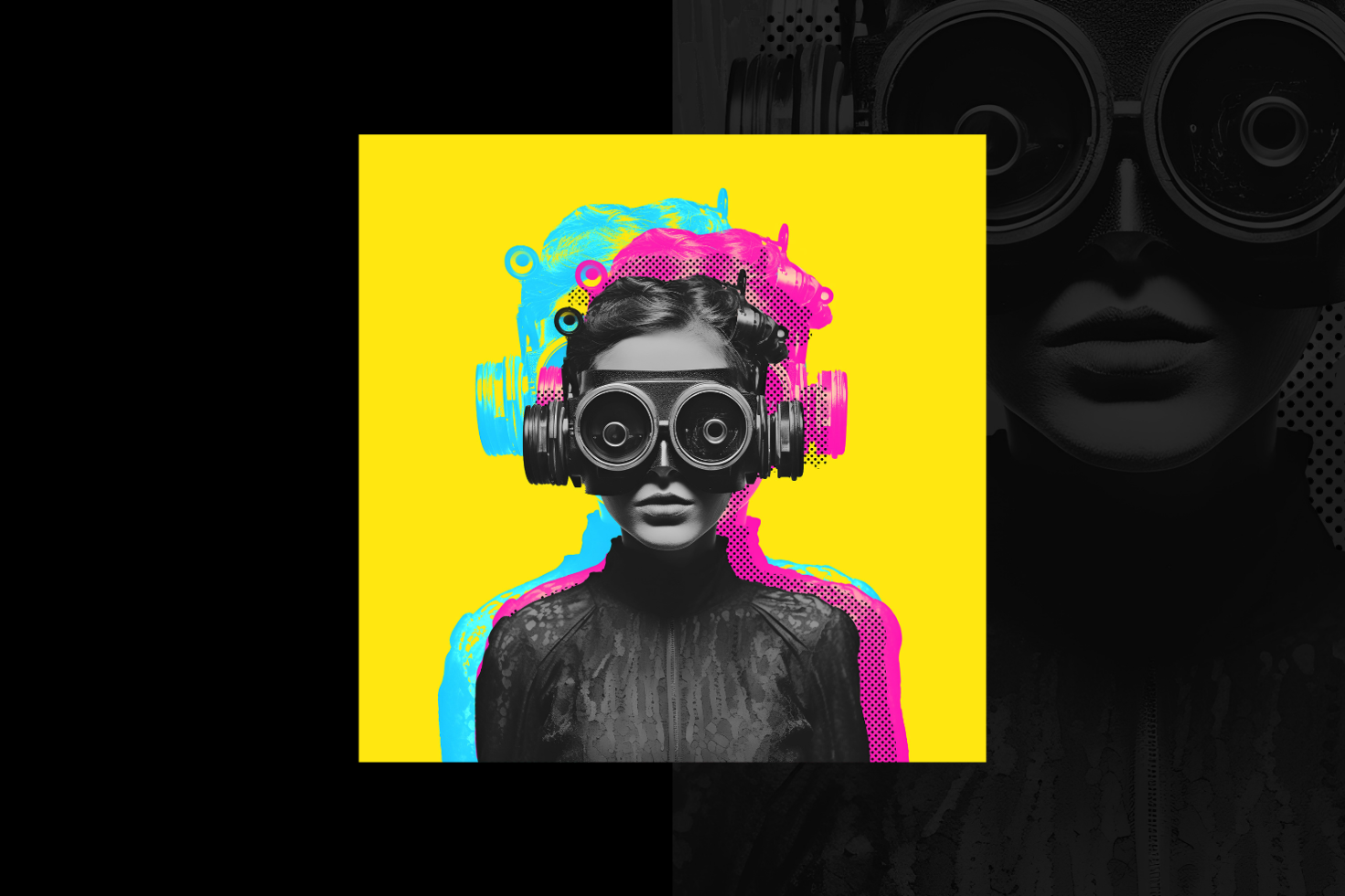 Pop art graphic of a woman wearing goggles against a bright yellow background with cyan and magenta overlays modern design illustration for digital assets