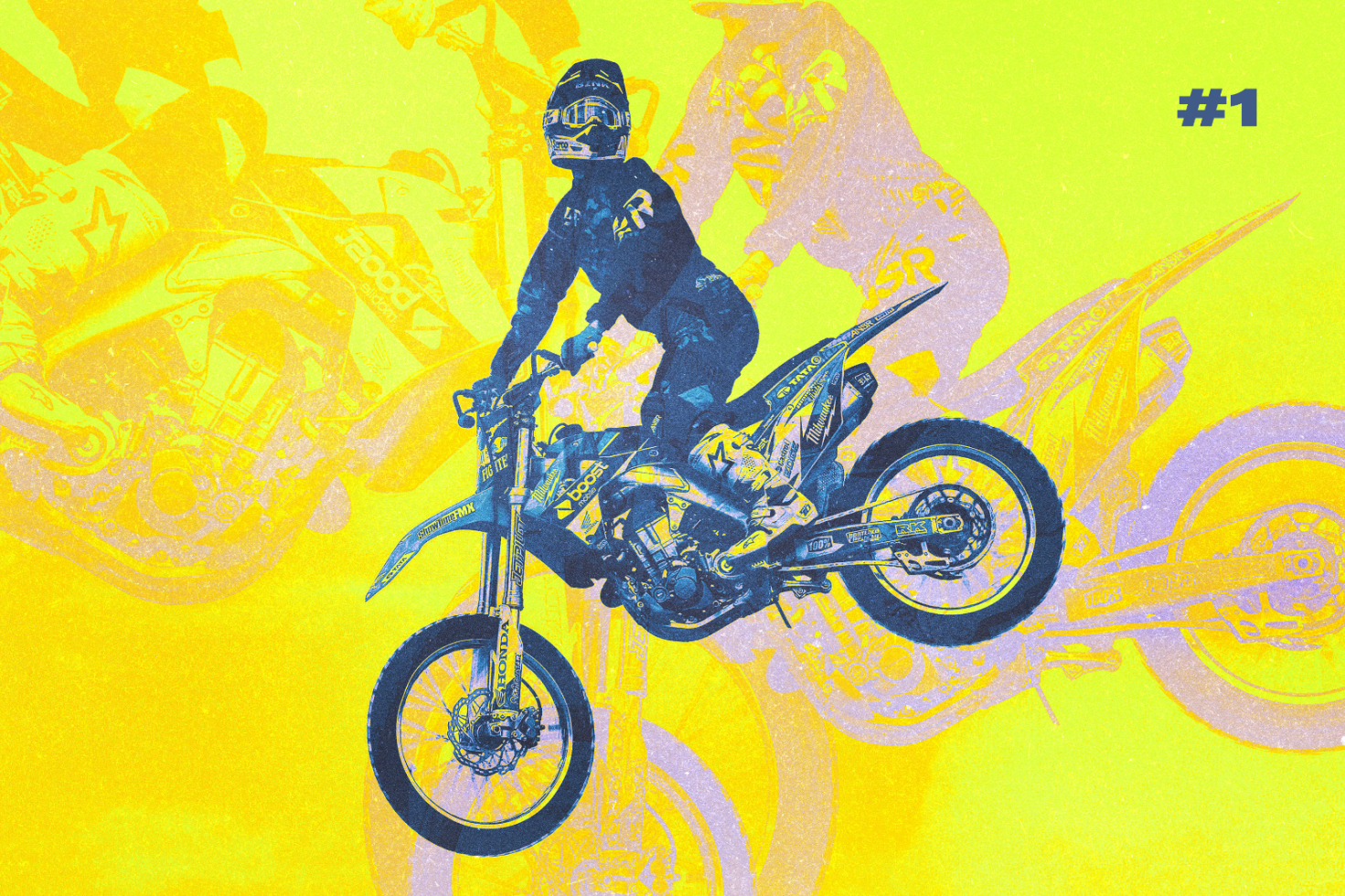 Digital illustration in vibrant yellow and blue tones depicting a motocross rider mid-jump; perfect for poster designs, sports graphics, and action-themed templates.