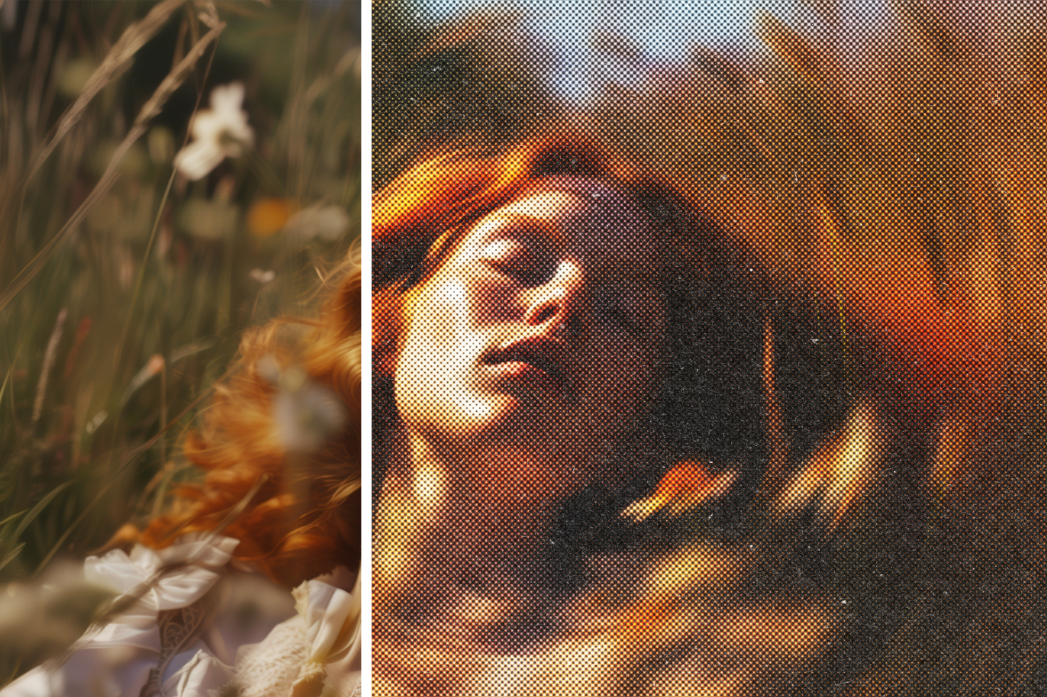 High resolution photo featuring side-by-side comparison of artistic woman portrait, pixelated effect and vibrant outdoor setting. Ideal for design templates, graphics.