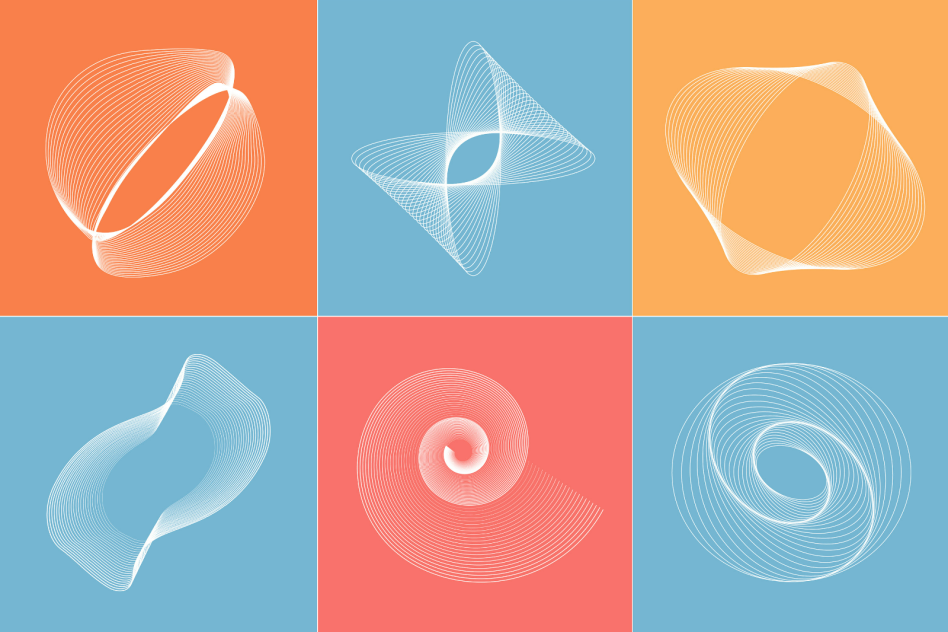 Abstract design in six panels features overlapping white lines on colored backgrounds in blue orange and coral includes geometric graphics for digital assets.