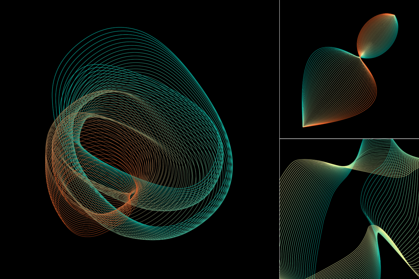 Abstract wavy line art on black background in green and orange tones, perfect for graphic designers' digital assets in graphics and templates categories