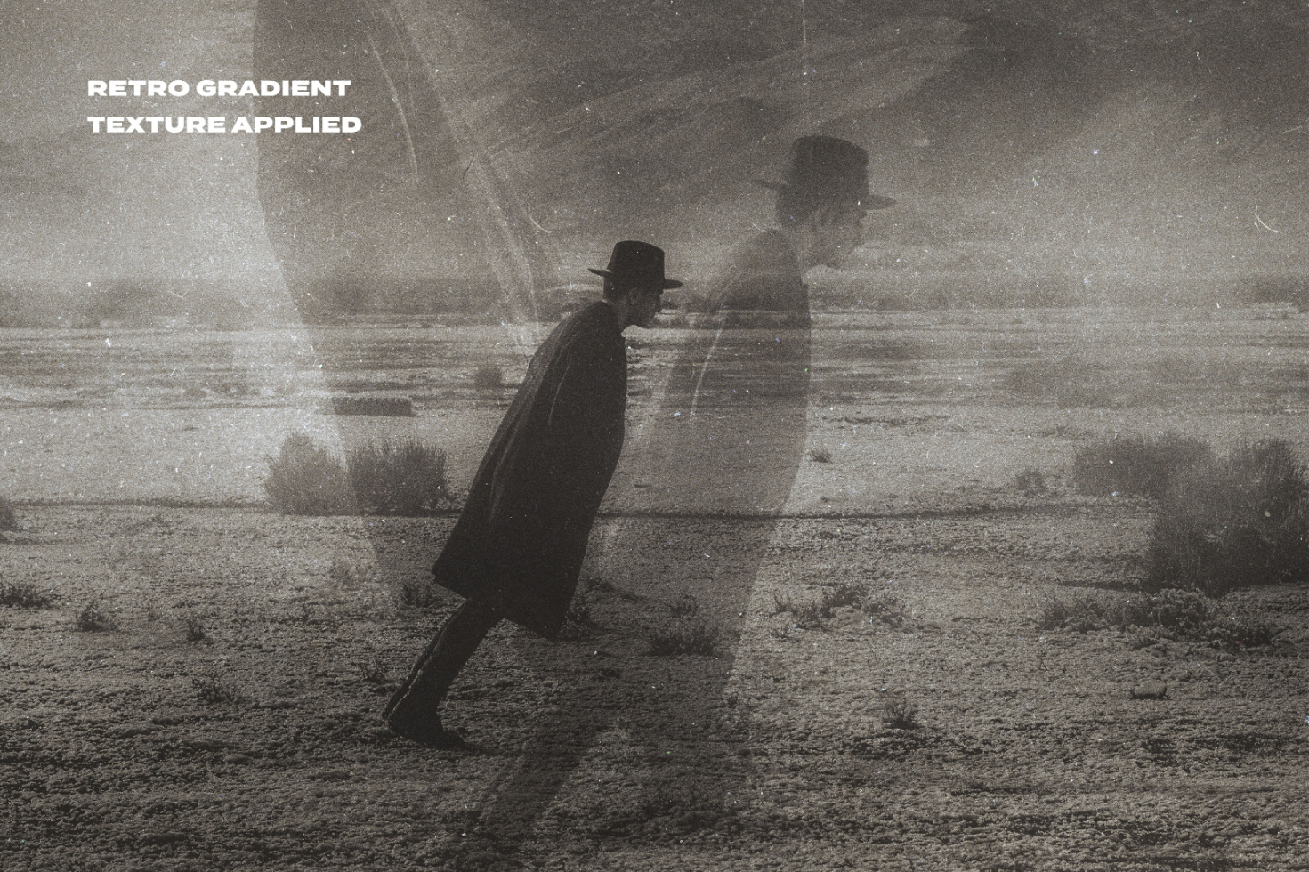 Retro gradient texture applied to double exposure image featuring man with hat walking in barren landscape perfect for graphic design and mockup templates.