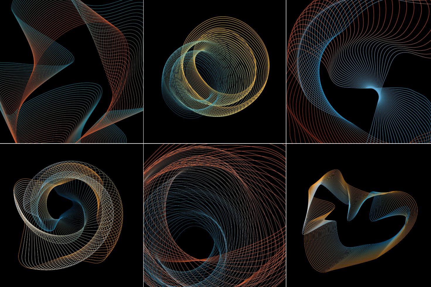 Abstract vector backgrounds with colorful, wavy lines on black. Perfect for digital graphics, templates, and mockups for designers seeking inspiration.