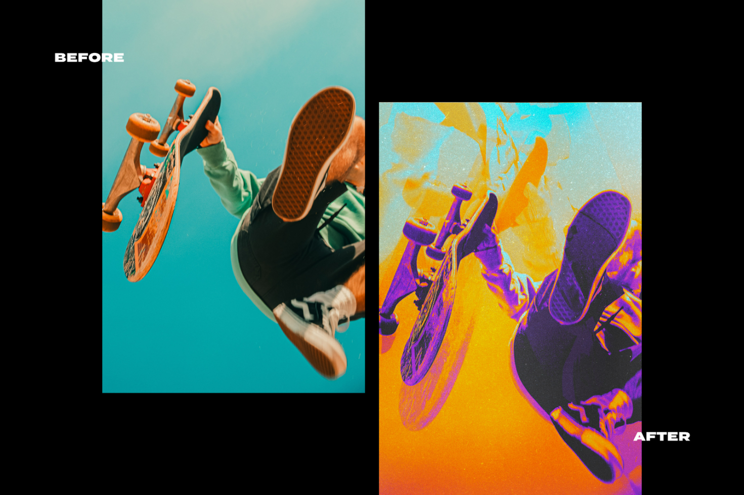 Before and after vibrant skateboard digital art showcasing photo editing effects. Great for designers in mockups templates and graphics projects.