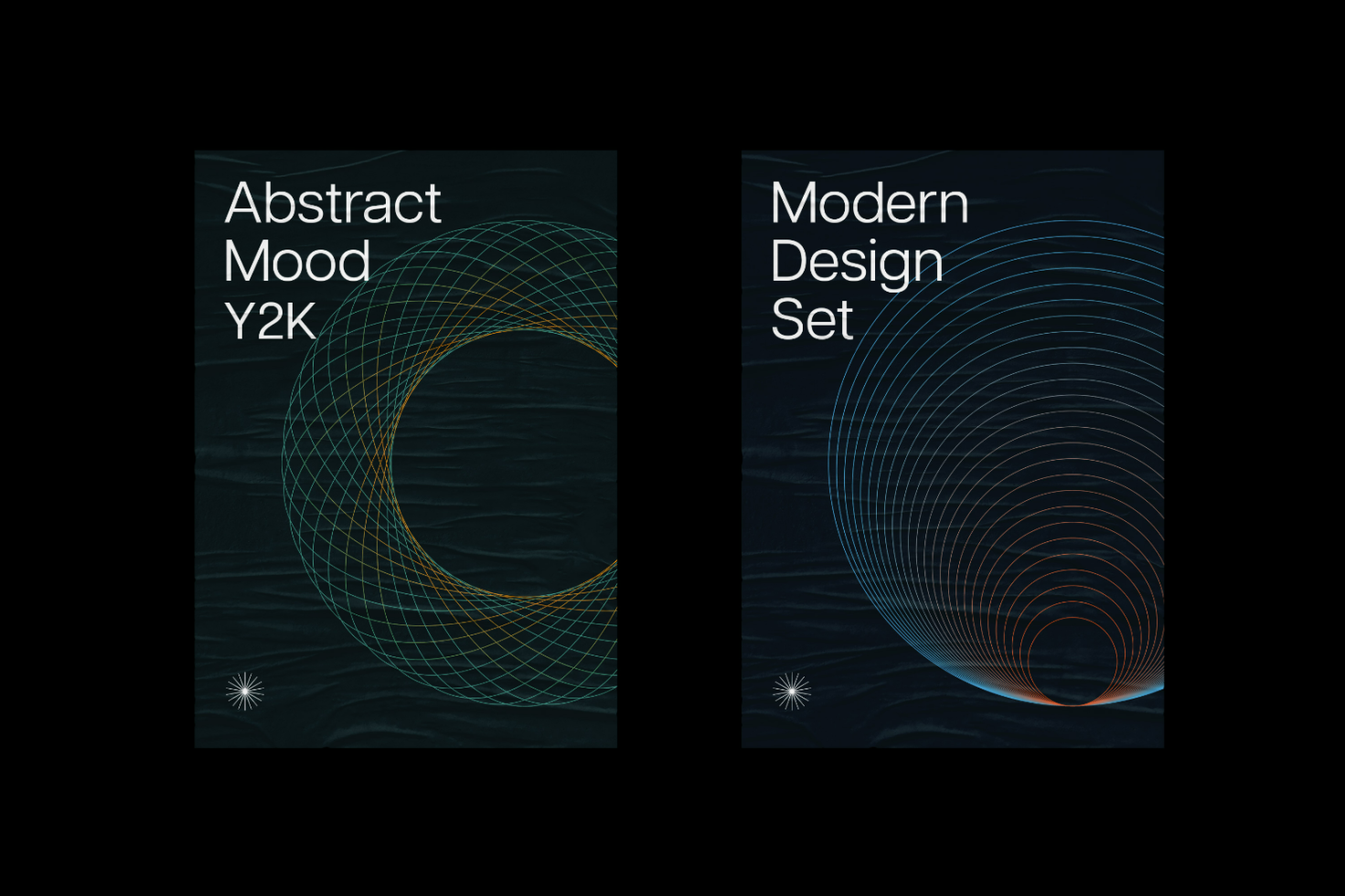 Digital abstract design posters Modern Design Set and Abstract Mood Y2K, featuring geometric lines on dark background. Perfect for graphics and templates.