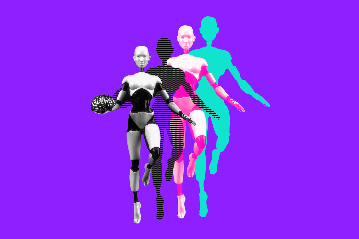 Futuristic robotic figures art, vibrant colors, purple background, digital assets for designers, graphic design inspiration, modern illustrations.