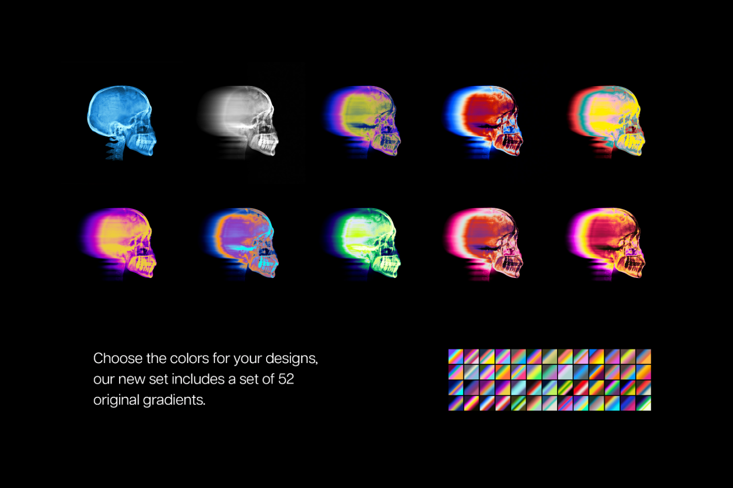 Set of 10 colorful gradient skull profiles with motion effect on black background plus 52 gradient colors. Ideal for graphic design, mockups, and templates.