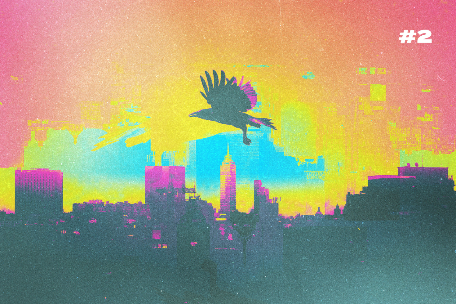 Vibrant city skyline with a flying bird overlayed on a glitch art background Template for designers perfect for digital assets Mockups Graphics SEO.