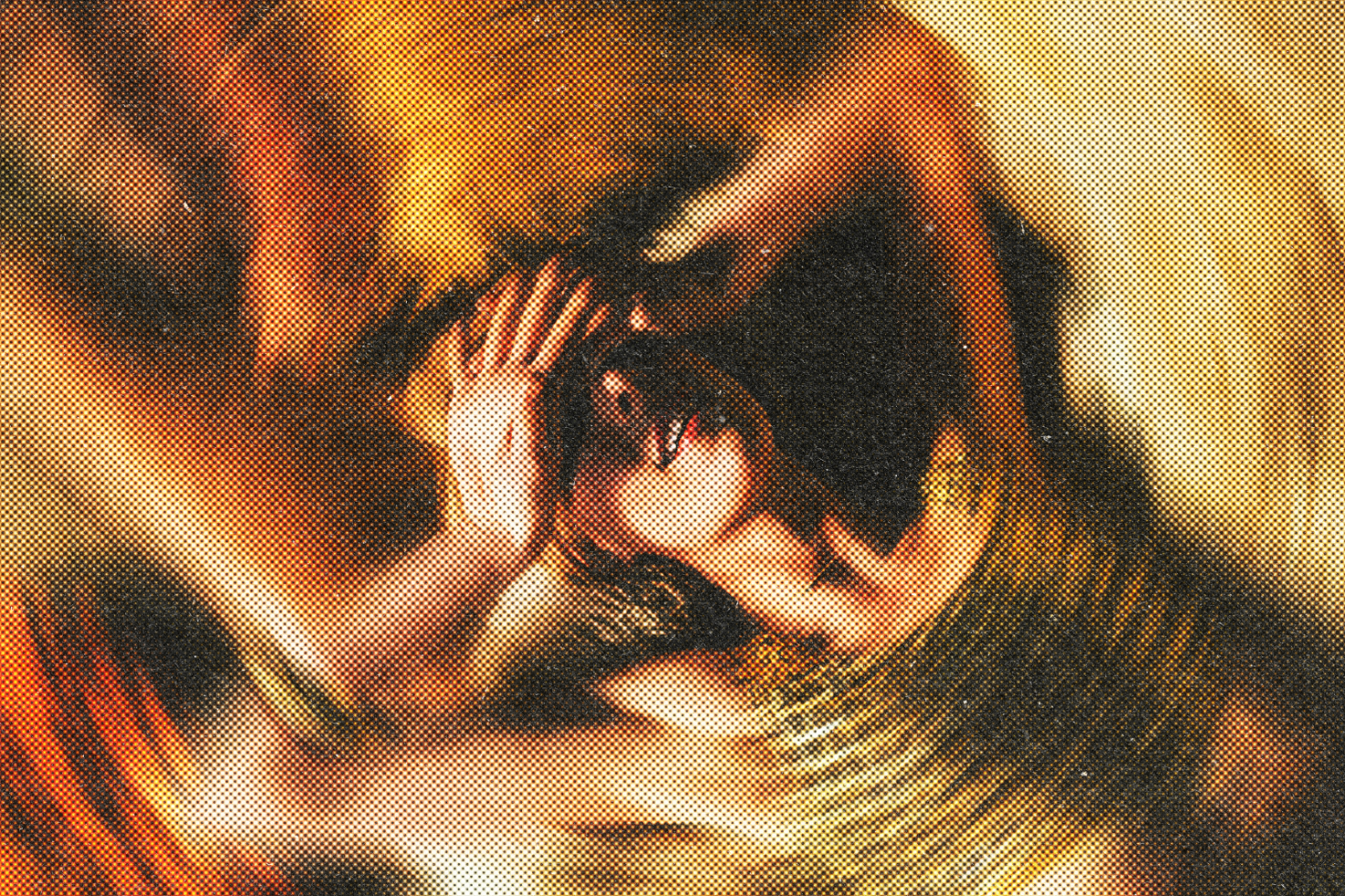 Abstract artwork showing a blurry human figure in motion with a pixelated and halftone pattern effect with vibrant yellow and orange hues suitable for graphic design.