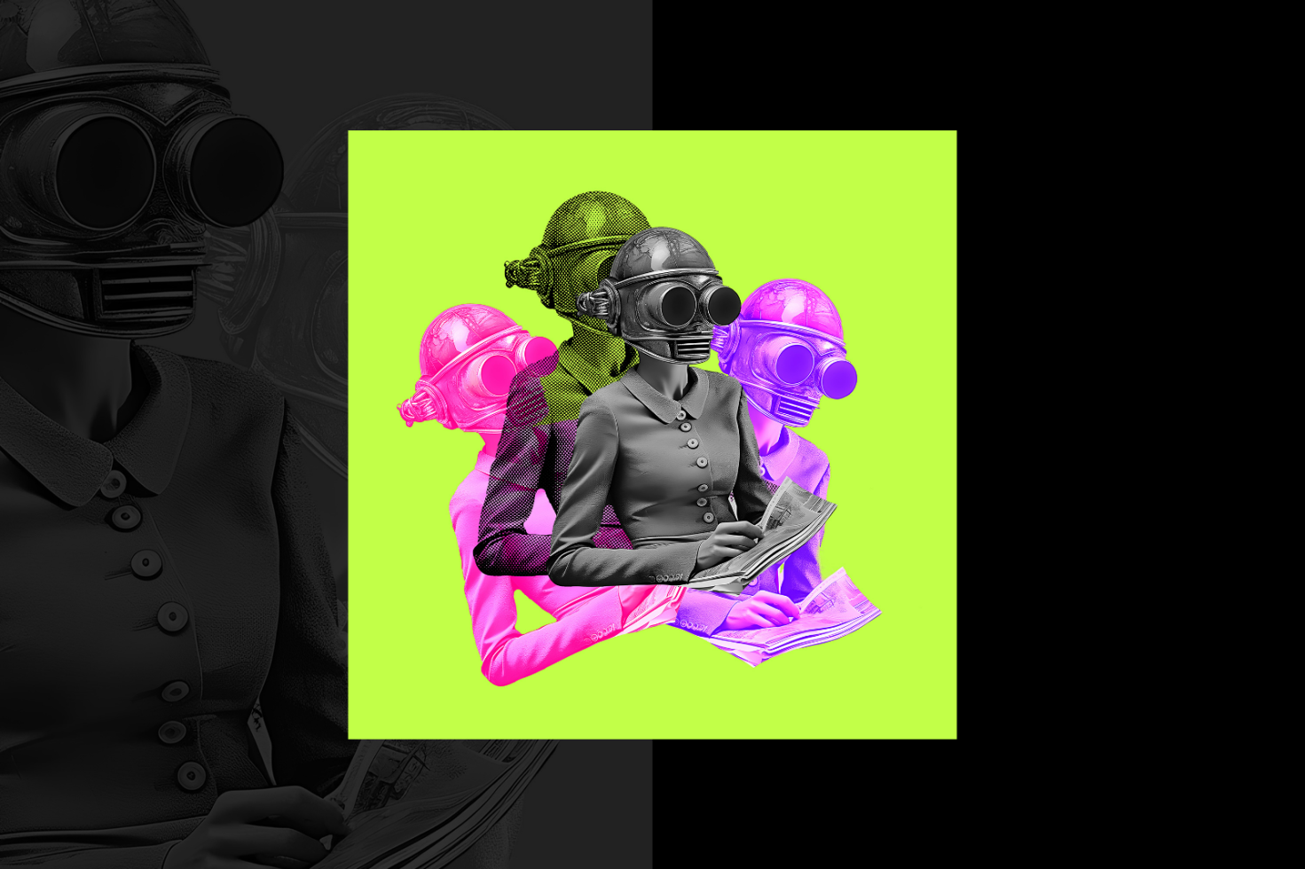 Digital art with layered retro-futuristic woman in a gas mask on neon green background vibrant colors surreal style suitable for graphic design templates mockups