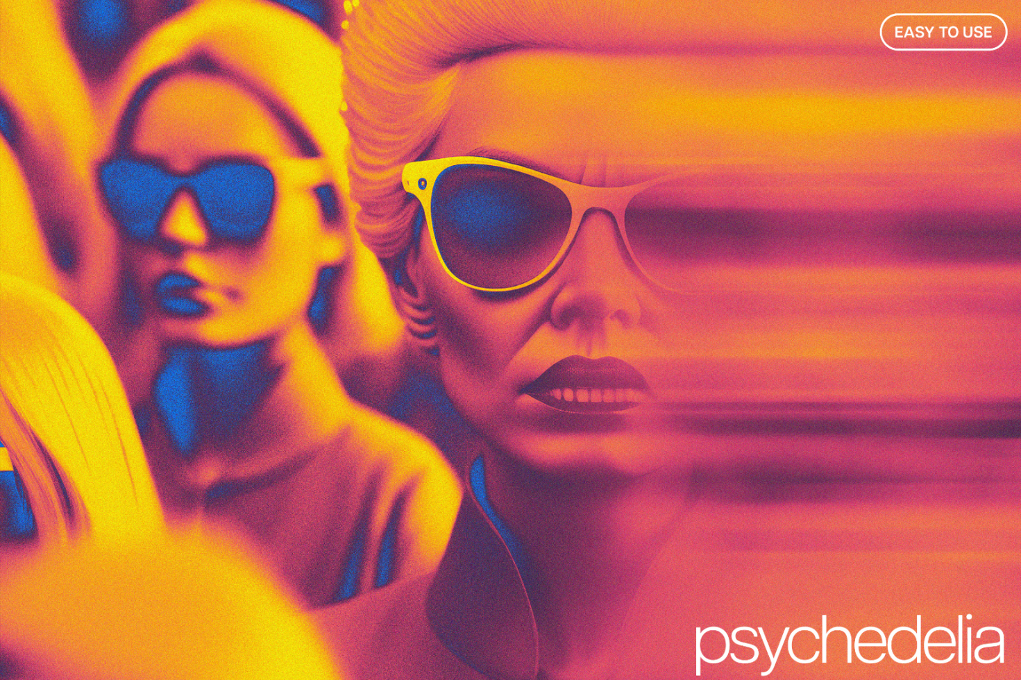 Psychedelic effect image featuring two mannequin faces in sunglasses vibrant colors digital asset for graphic design templates and mockups easy to use.