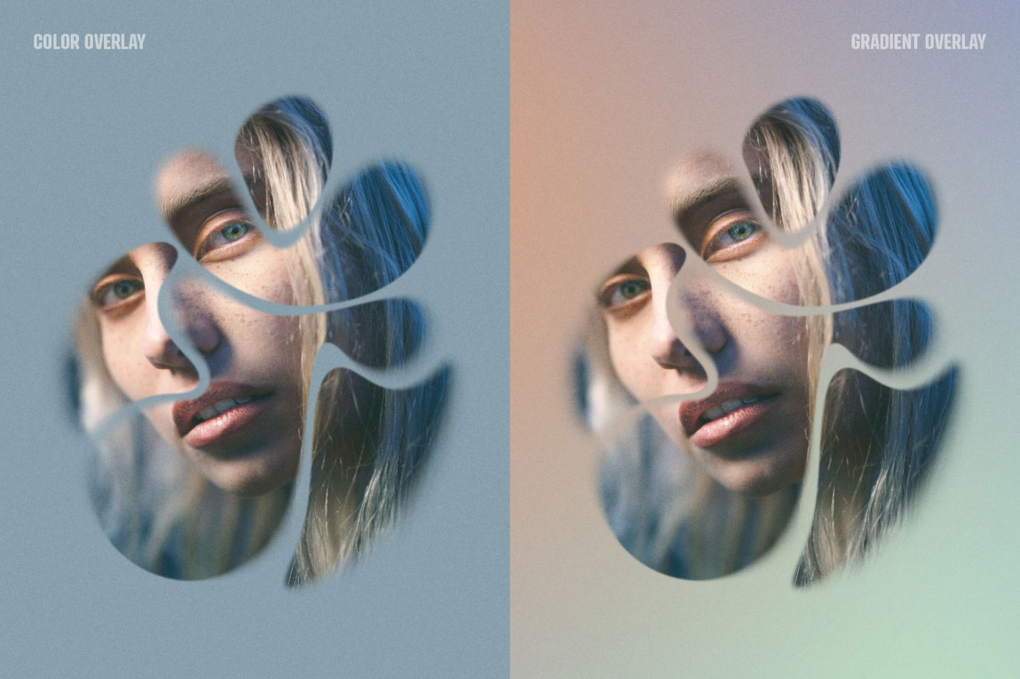 Double exposure effect showcasing color overlay and gradient overlay on a portrait. Ideal for designers looking for creative graphic templates or mockups.