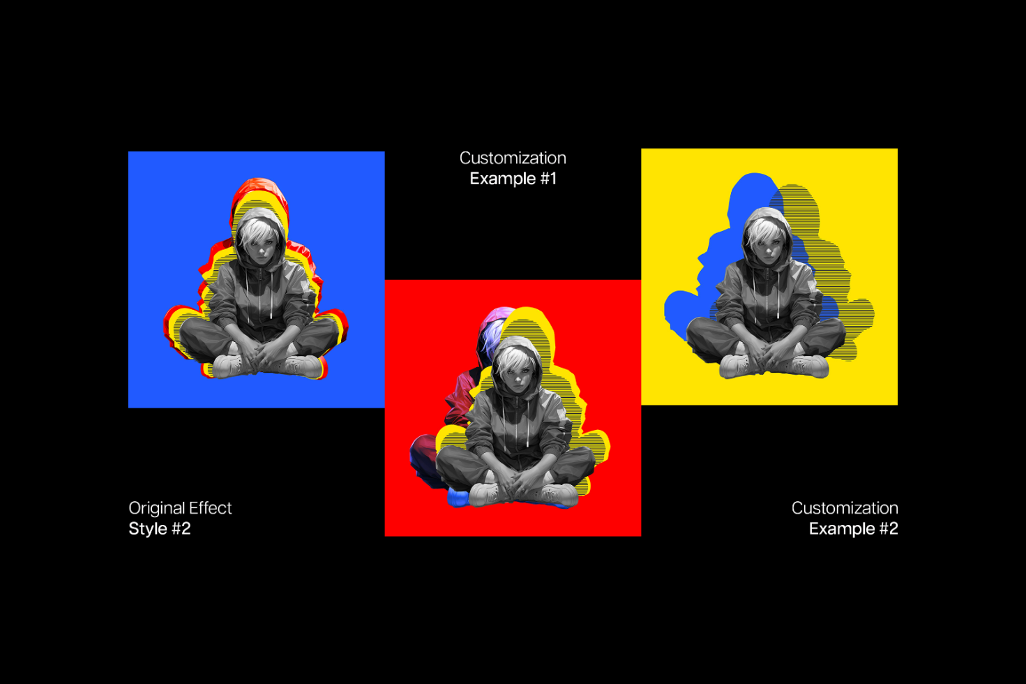 Mockup package featuring a grayscale person with three color background customizations blue red yellow showcasing design effect variations for creative projects