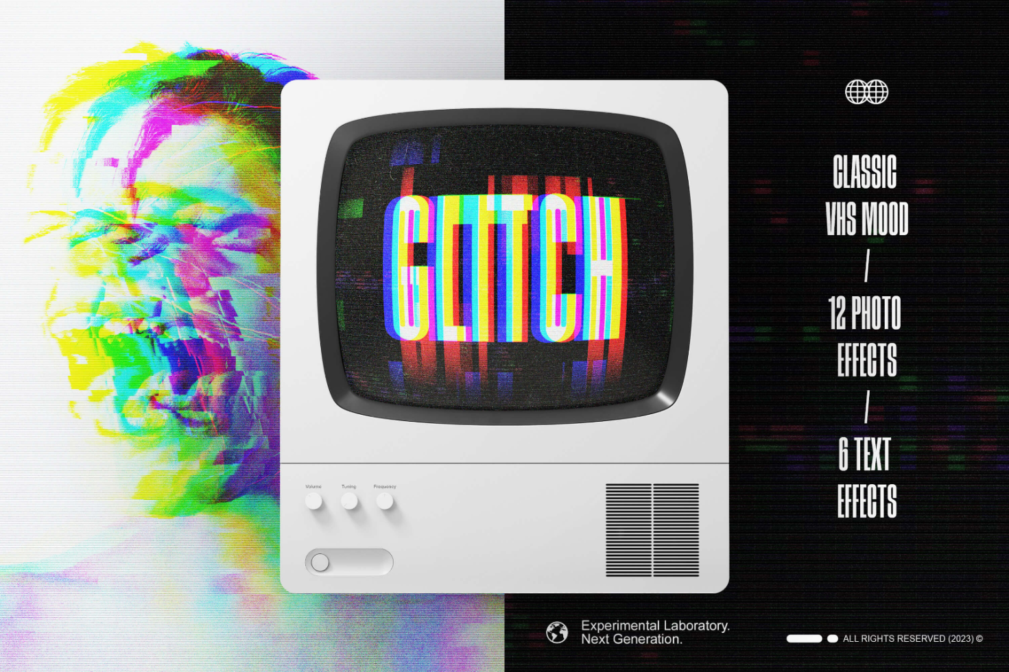 Glitch VHS effect pack with 12 photo effects and 6 text effects. Vintage aesthetic, distorted visuals on an old TV screen. Perfect for graphic design.